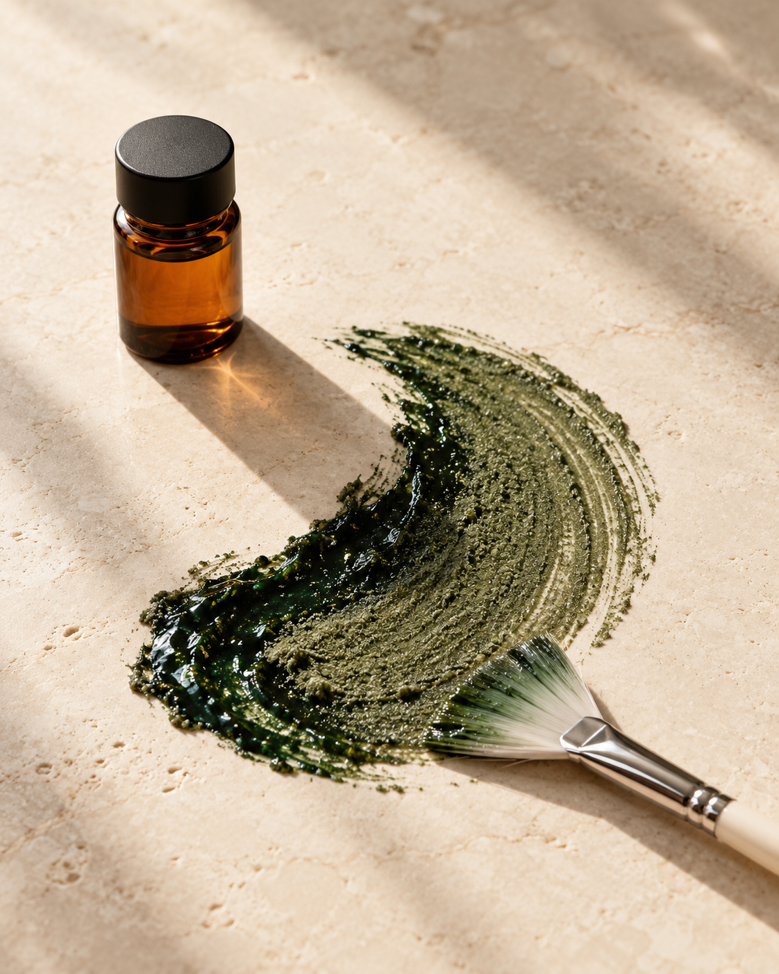 Green treatment texture, amber vial, and fan brush on warm cream stone