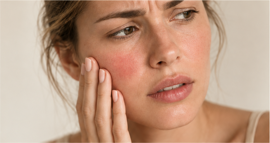 Woman gently touching a visibly red, irritated cheek, representing dry and sensitive skin.