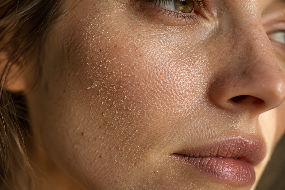 Illustrative close-up of dry cheek skin with fine flaking
