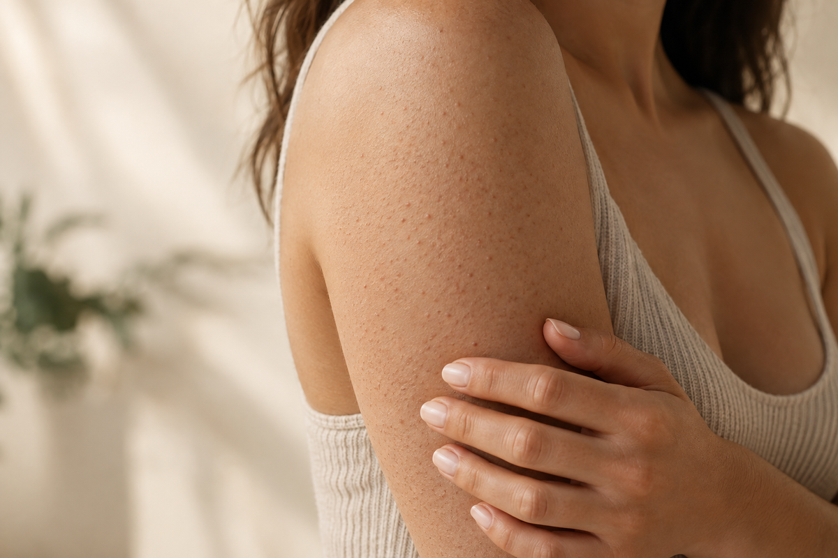 Close-up of a woman's upper arm showing subtle keratosis pilaris texture as she gently rests a hand on it