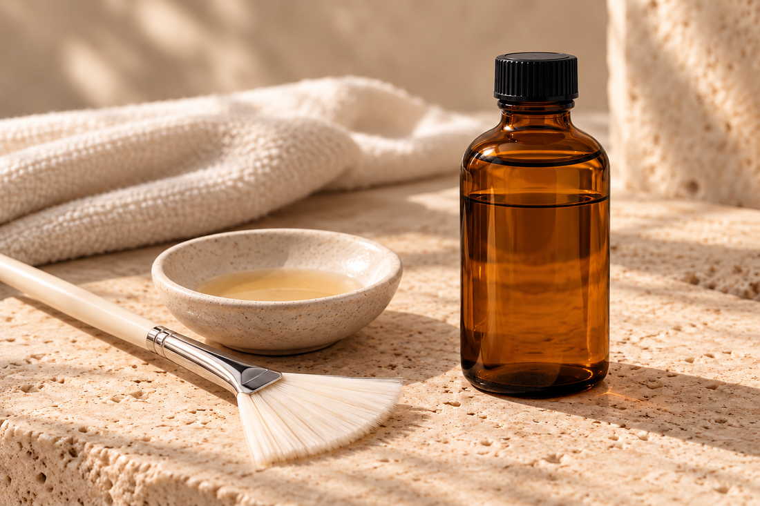 Amber peel bottle with a fan brush and treatment dish on cream stone