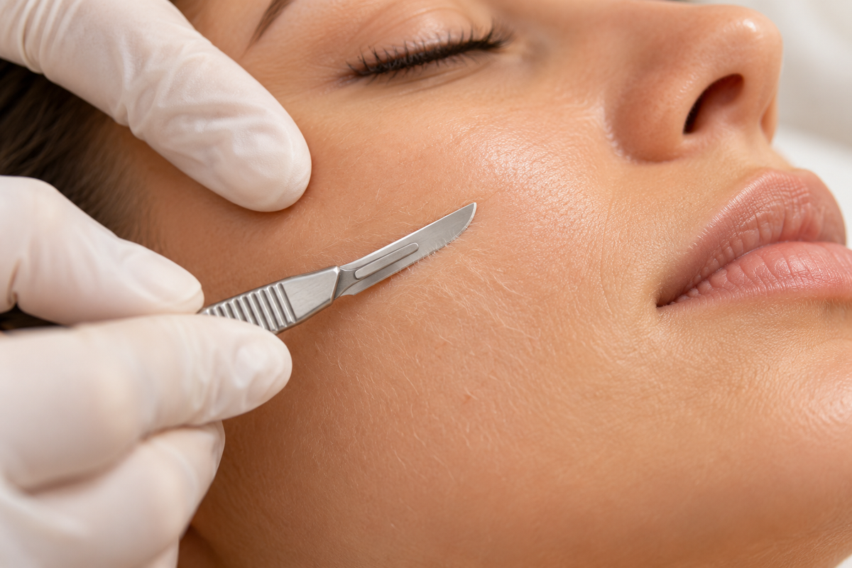 Close-up of professional dermaplaning with a stainless steel blade touching the cheek.