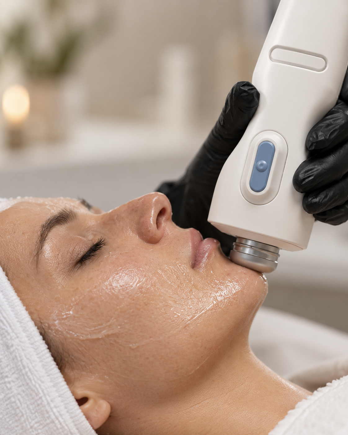 Glacial Cryo facial treatment with an ivory cooling handpiece and blue control panel