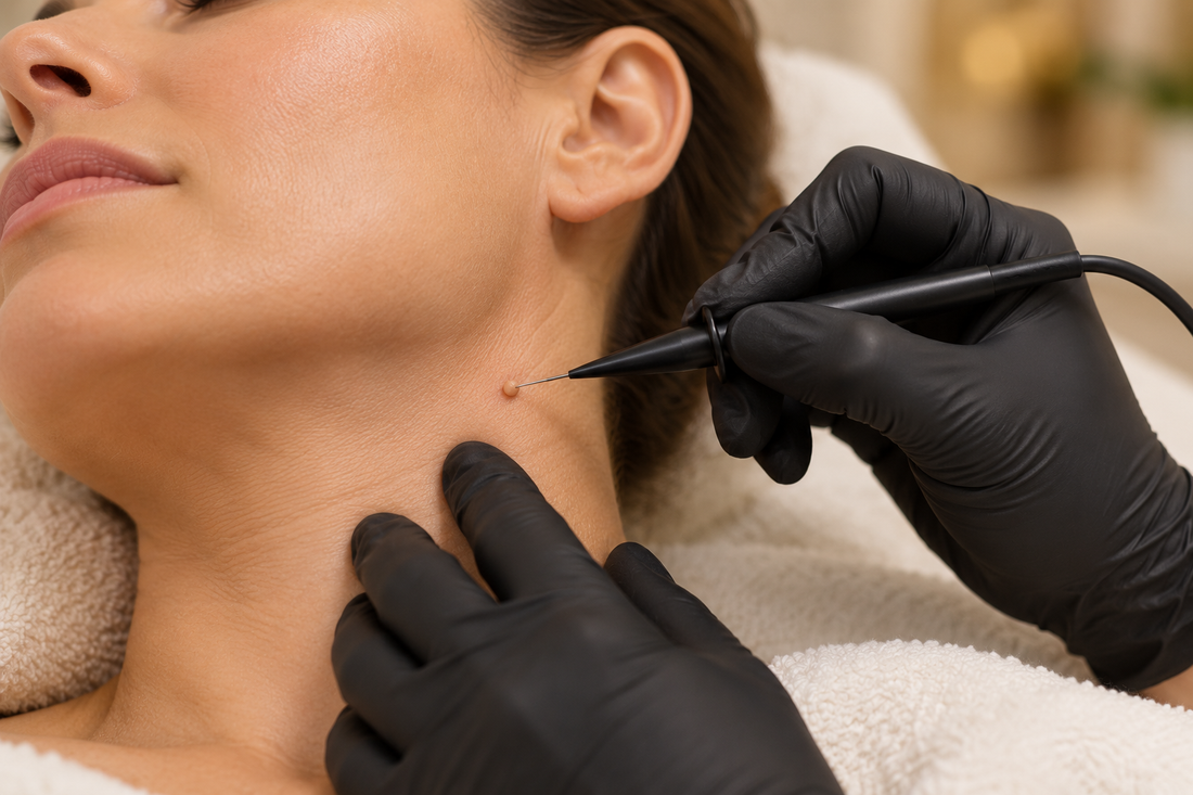 Fine treatment probe touching a small skin tag on the neck